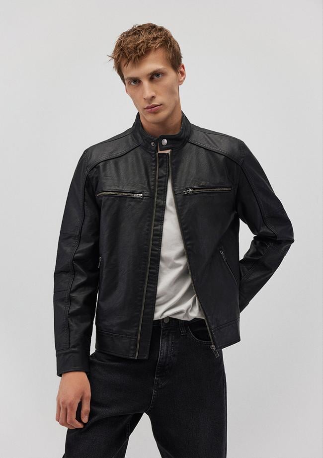  Mavi Siyah Suni Deri Ceket Slim Fit / Dar Kesim 0110438-71379