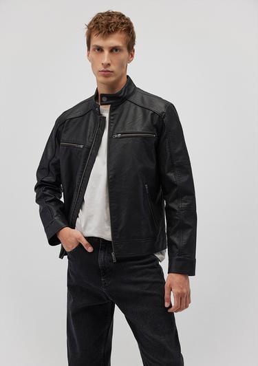  Mavi Siyah Suni Deri Ceket Slim Fit / Dar Kesim 0110438-71379