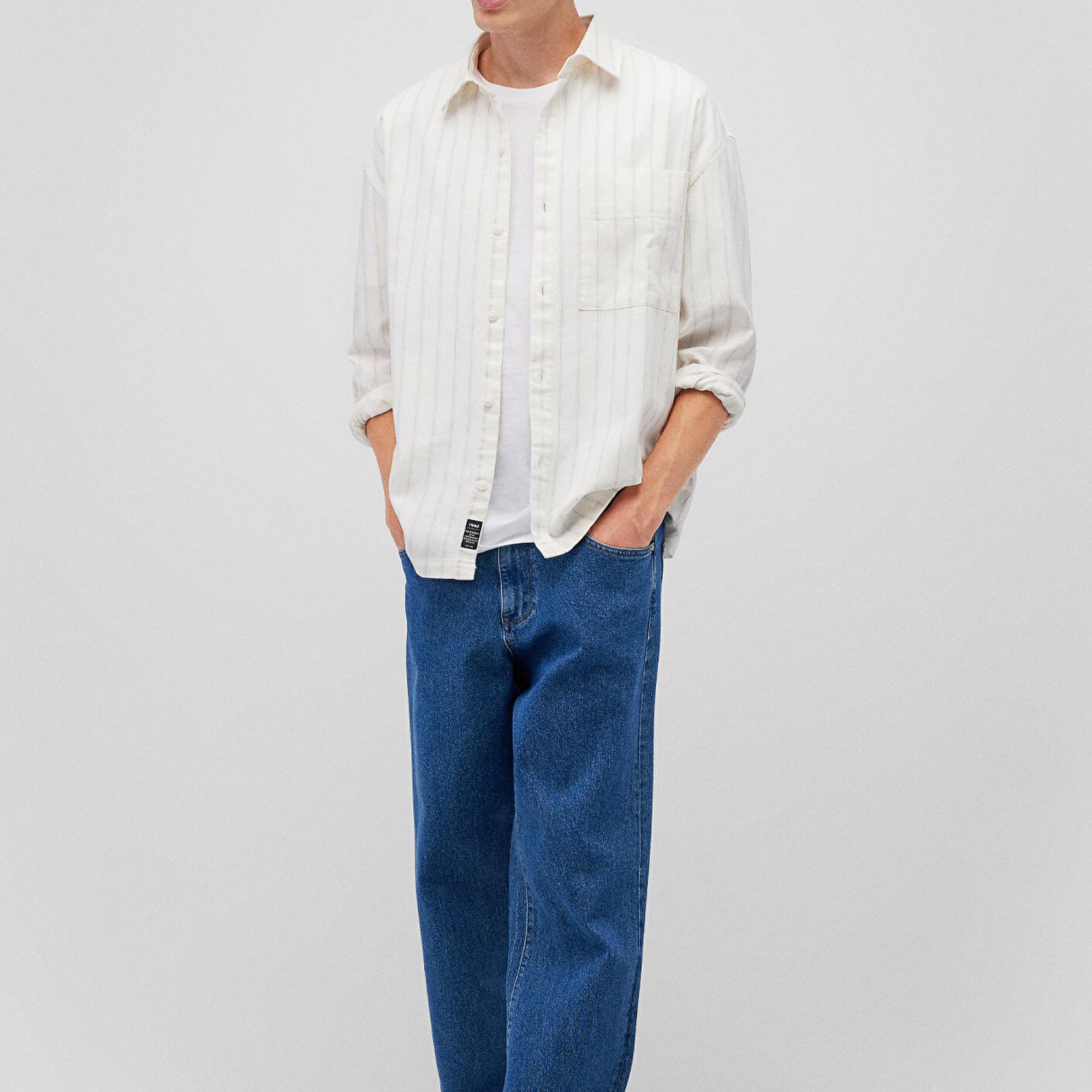 Mavi Çizgili Beyaz Gömlek Oversize / Geniş Kesim 0211160-620