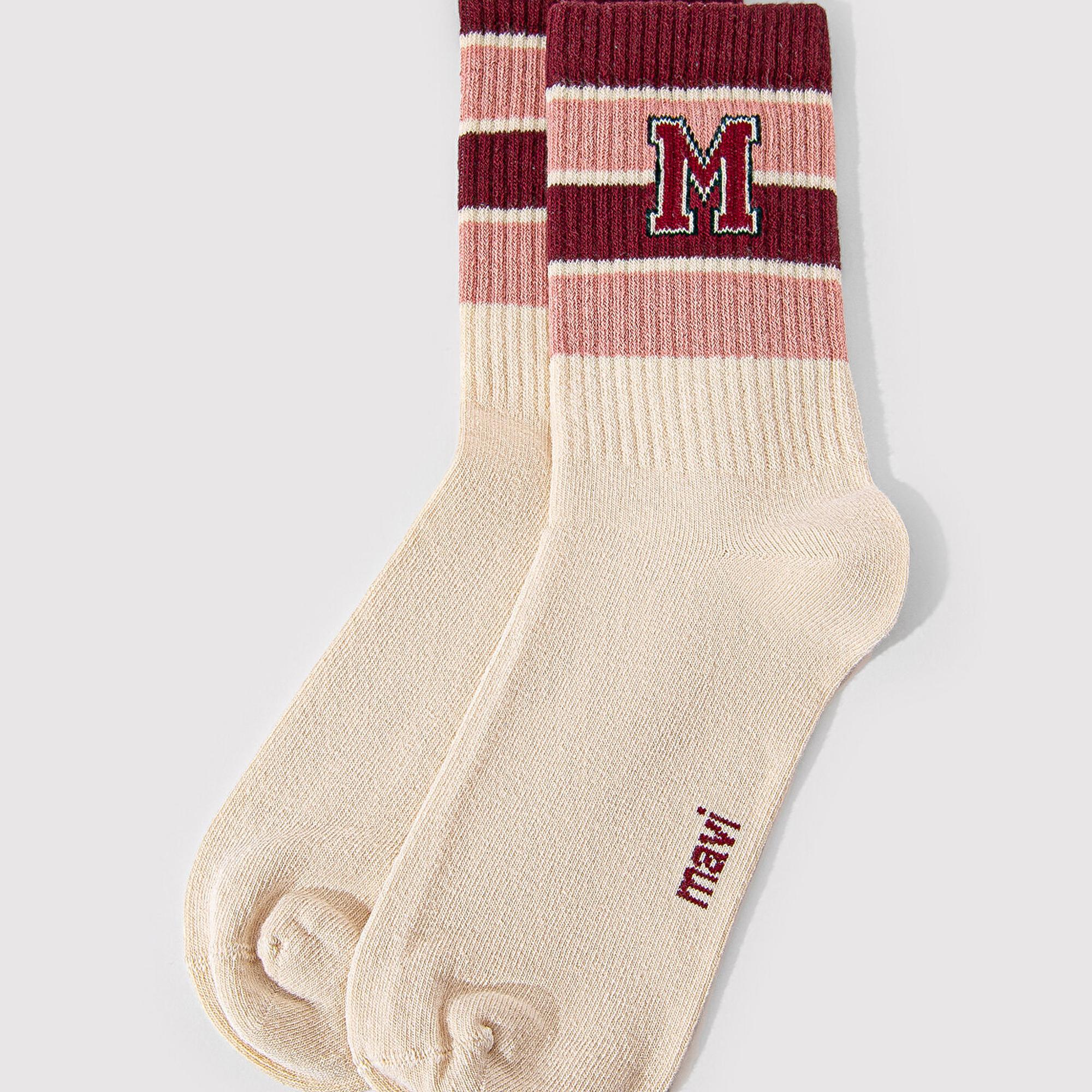 Mavi M Logo Detaylı Bej Soket Çorap 1912828-32324
