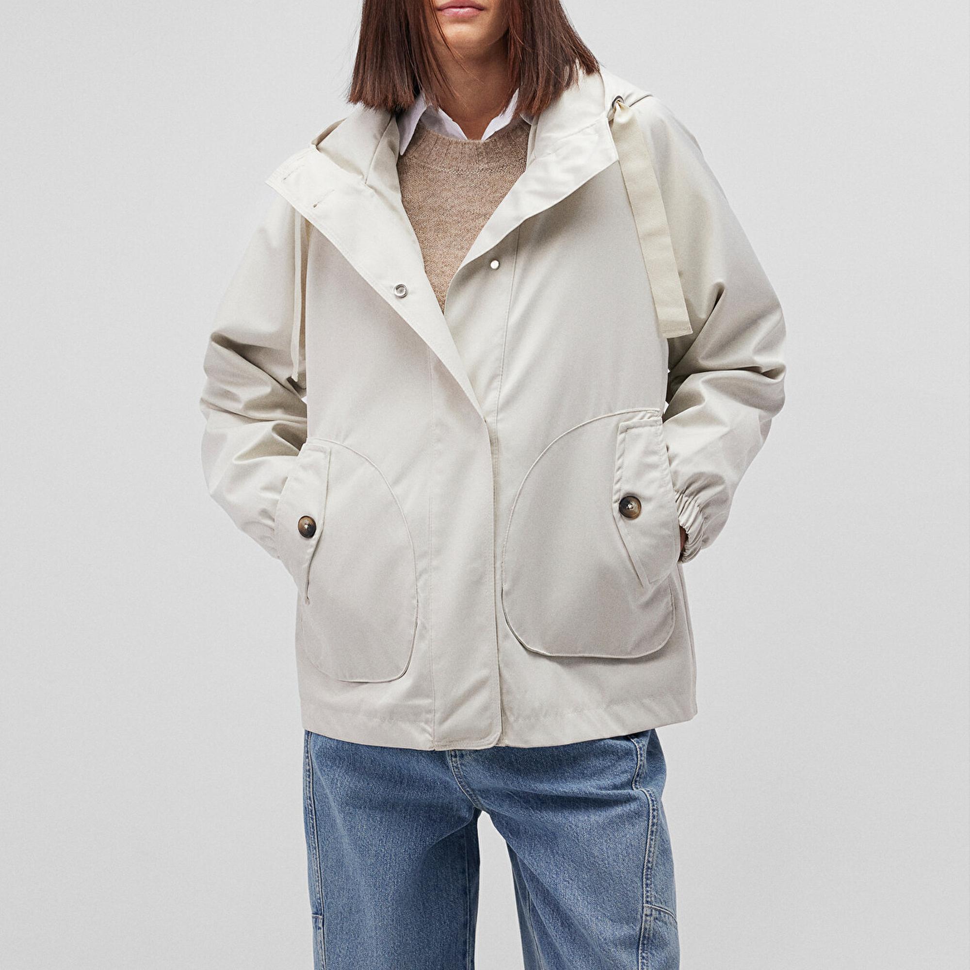 Mavi Kapüşonlu Bej Ceket Loose Fit / Bol Rahat Kesim 1110014-70134