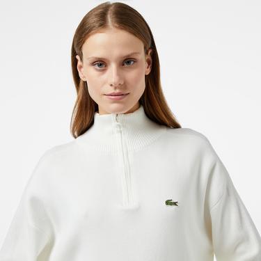  Kadın Relaxed Fit Yarım Fermuarlı Beyaz Triko