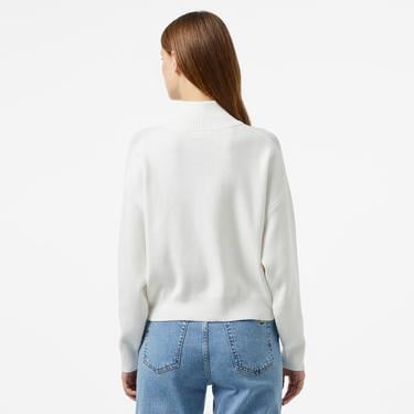  Kadın Relaxed Fit Yarım Fermuarlı Beyaz Triko