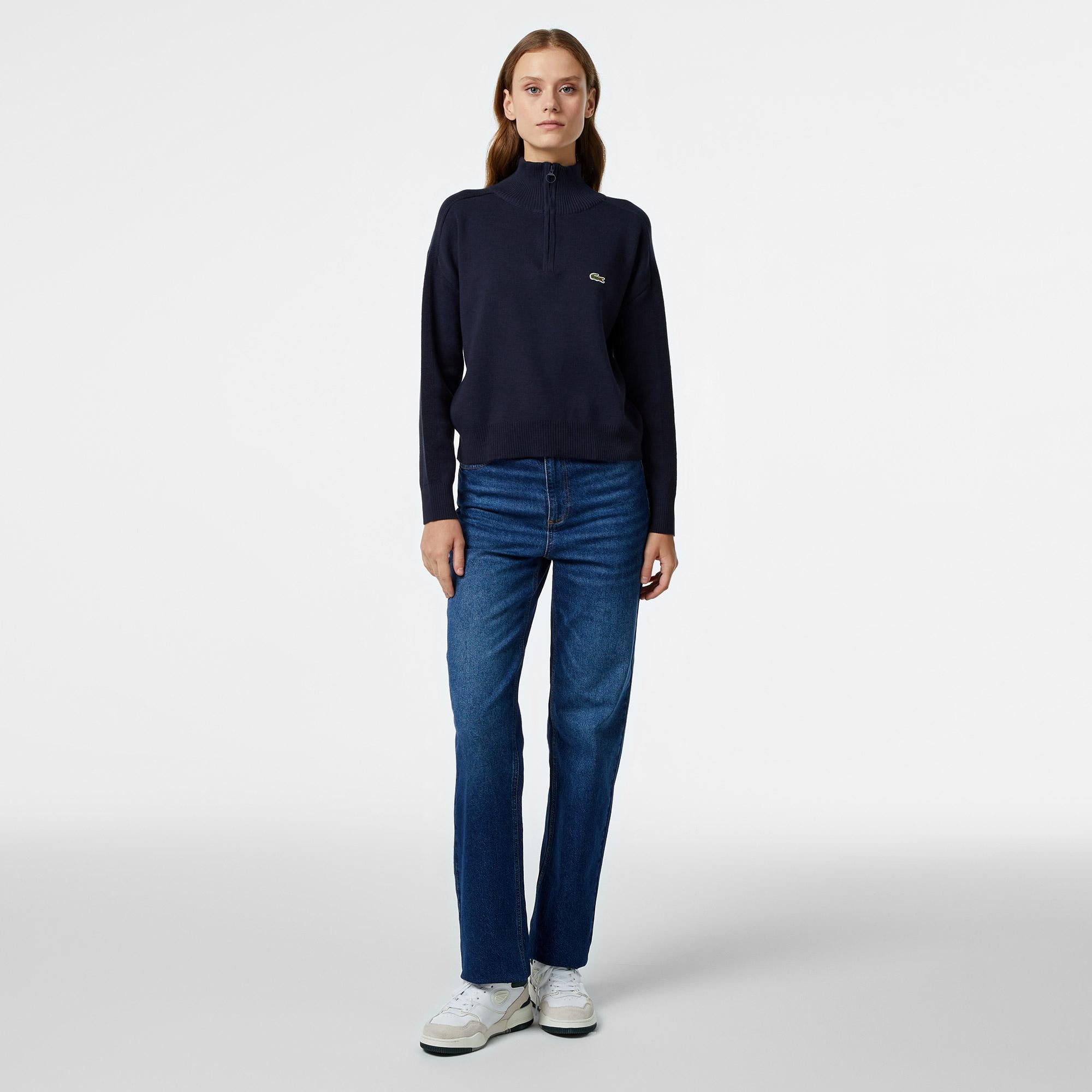 Kadın Relaxed Fit Yarım Fermuarlı Lacivert Triko