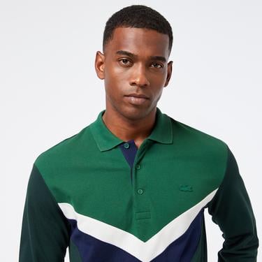  Erkek Classic Fit Uzun Kollu Renk Bloklu Yeşil Polo