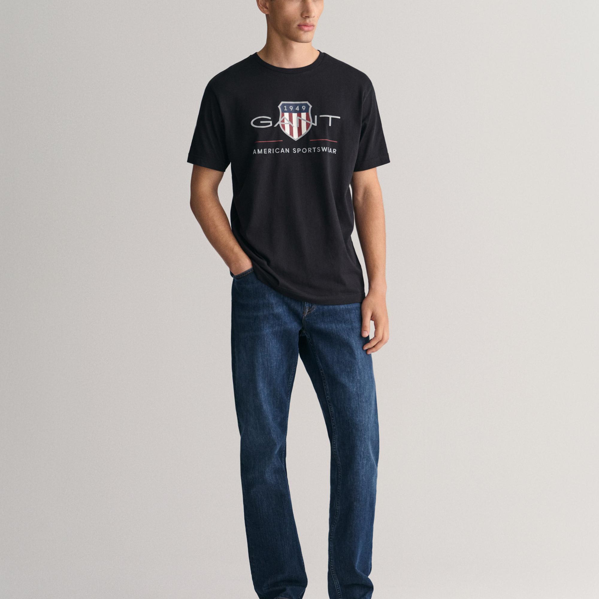 GANT Erkek Siyah Regular Fit Bisiklet Yaka Logolu T-Shirt
