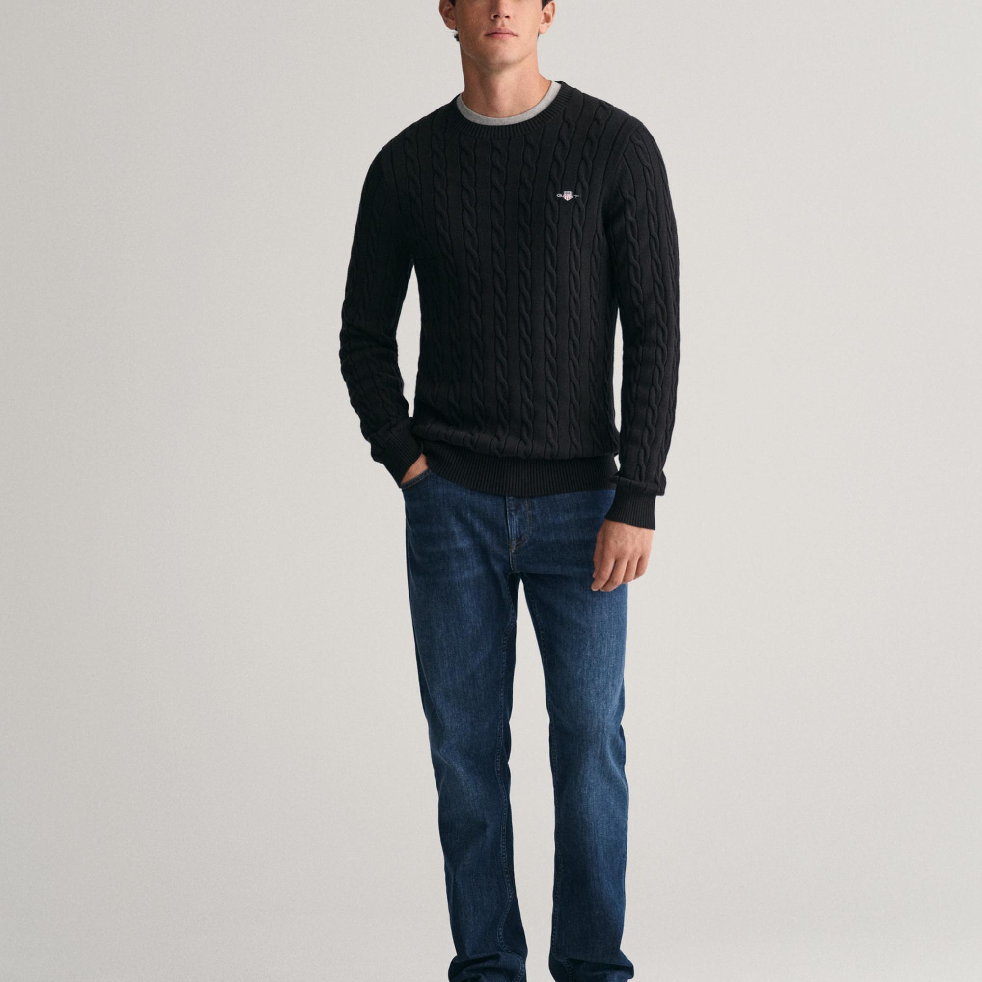 GANT Erkek Siyah Regular Fit Bisiklet Yaka Örgü Kazak