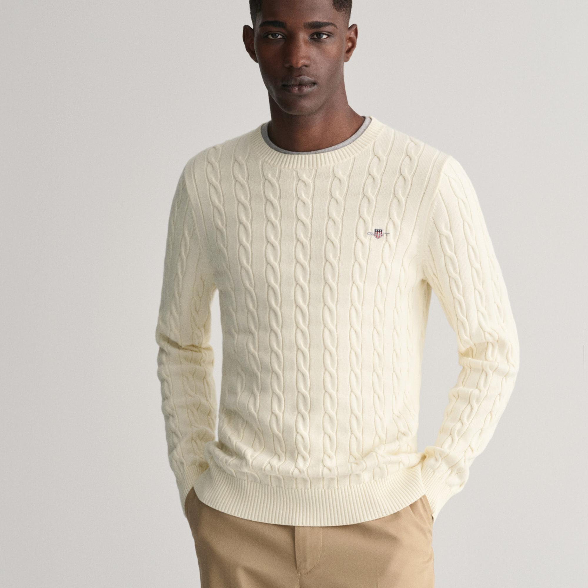 GANT Erkek Krem Regular Fit Bisiklet Yaka Örgü Kazak