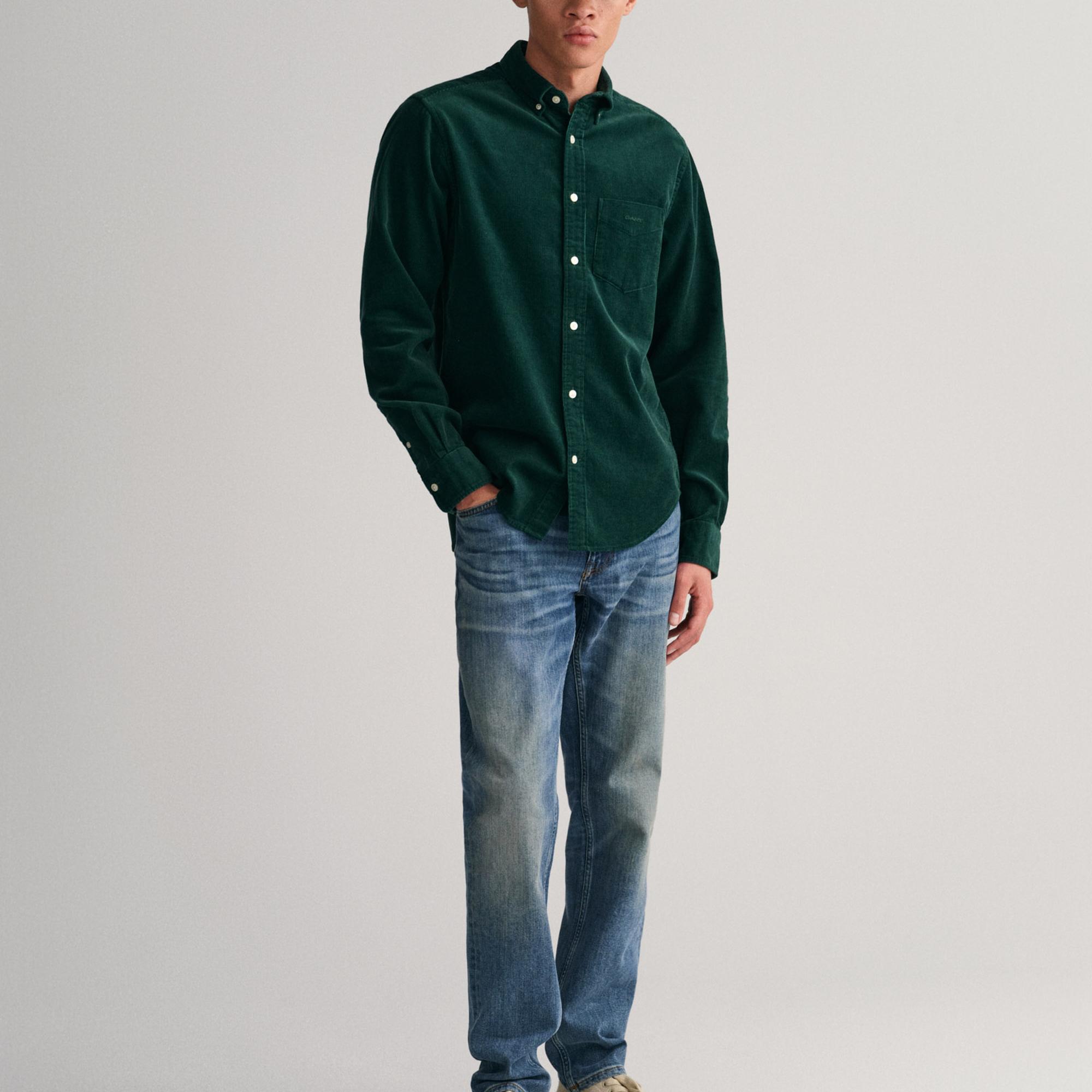 GANT Erkek Yeşil Regular Fit Düğmeli Yaka Kadife Gömlek