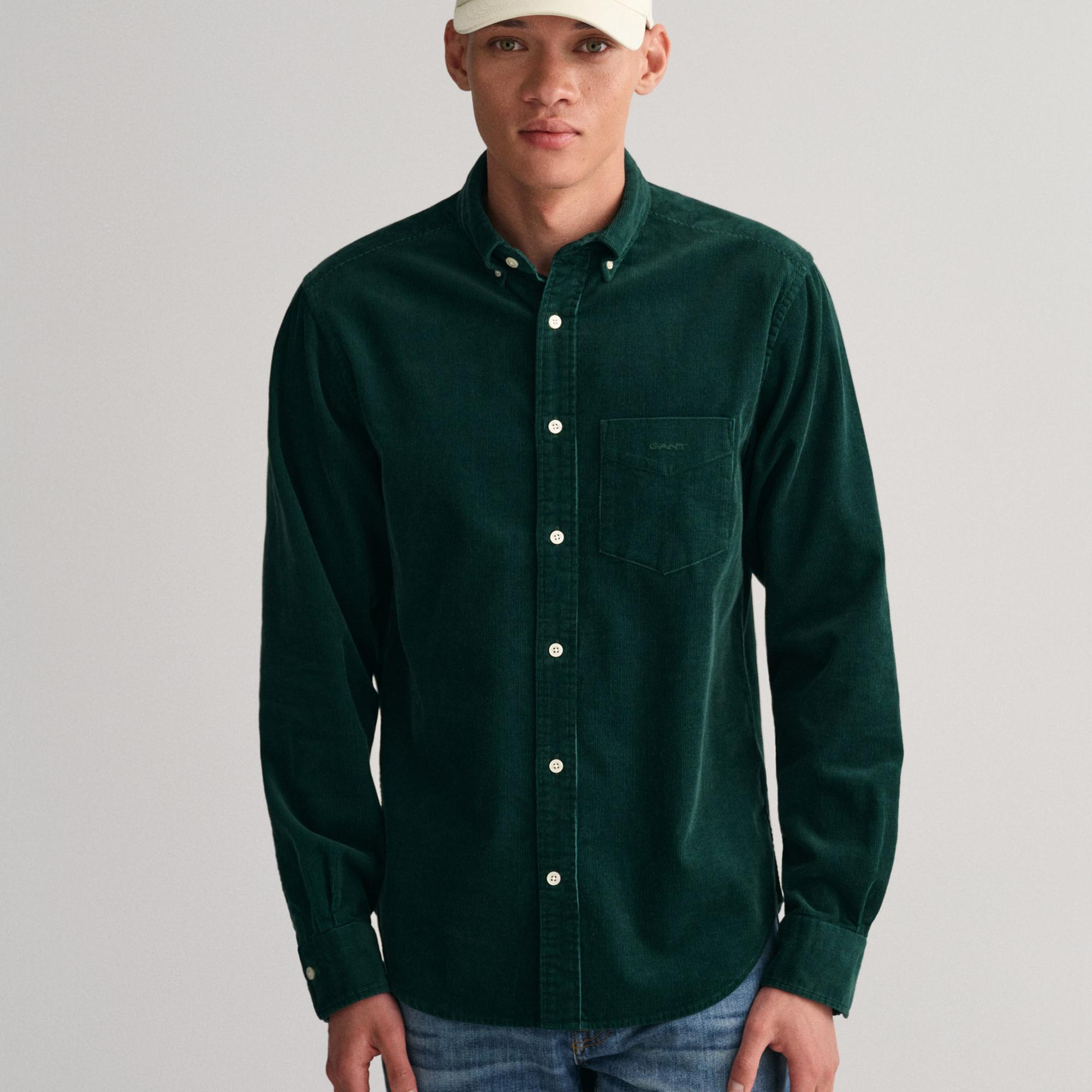 GANT Erkek Yeşil Regular Fit Düğmeli Yaka Kadife Gömlek