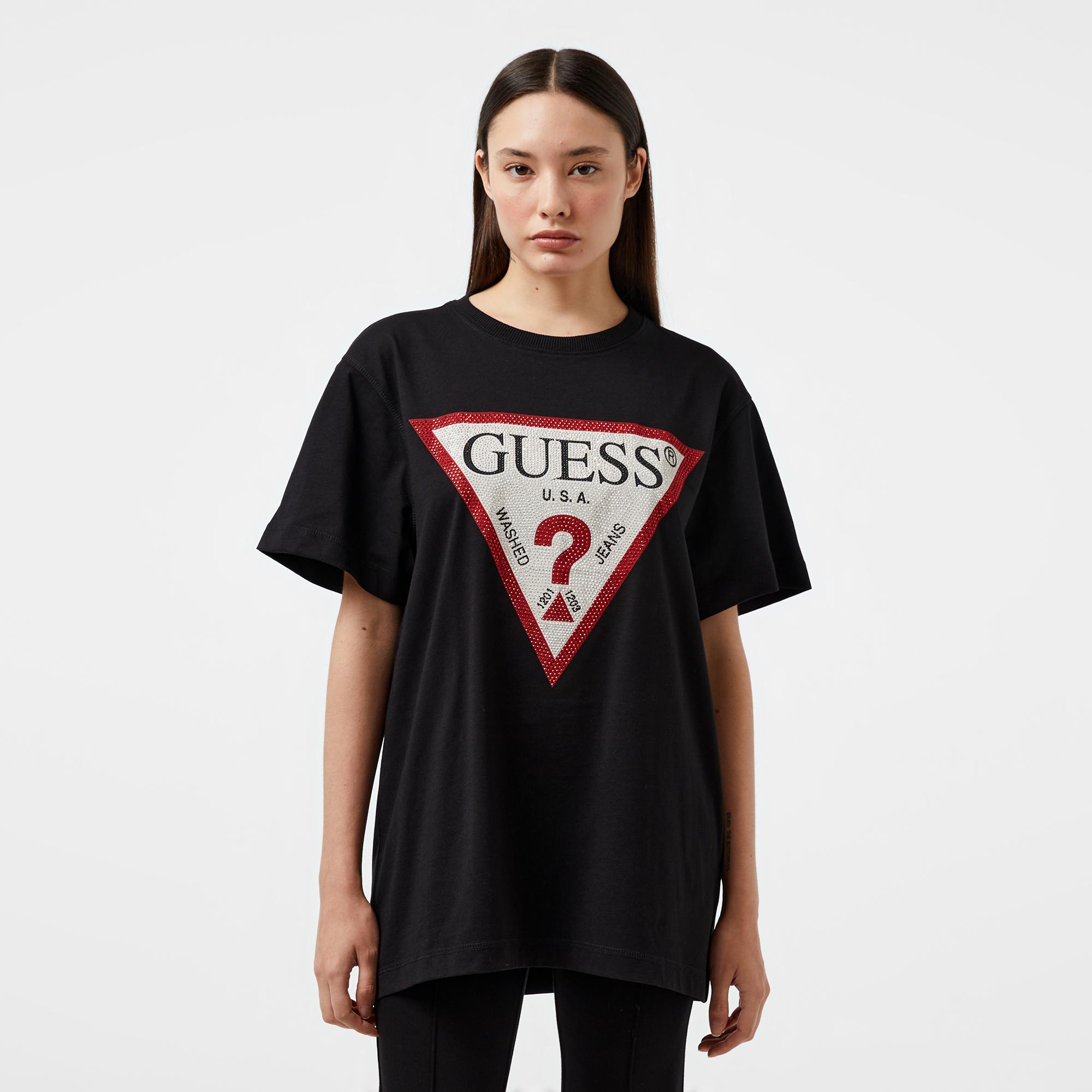 Guess Shiny Triangle Mid Organic Stream Jersey 180 Kadın Siyah T-Shirt