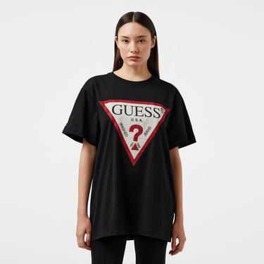  Guess Shiny Triangle Mid Organic Stream Jersey 180 Kadın Siyah T-Shirt