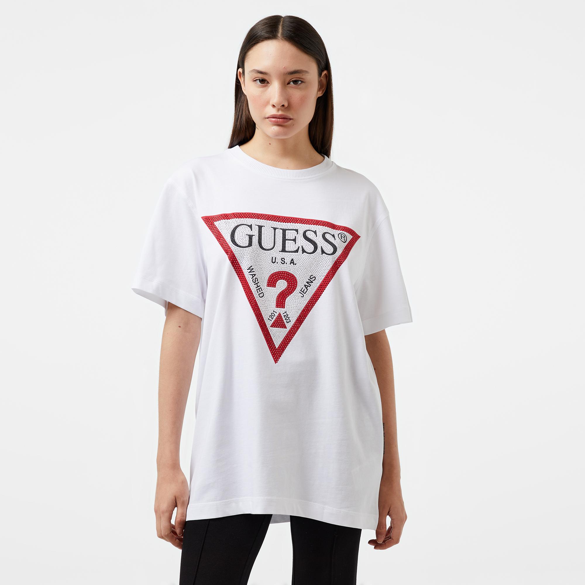 Guess Shiny Triangle Mid Organic Stream Jersey 180 Kadın Beyaz T-Shirt
