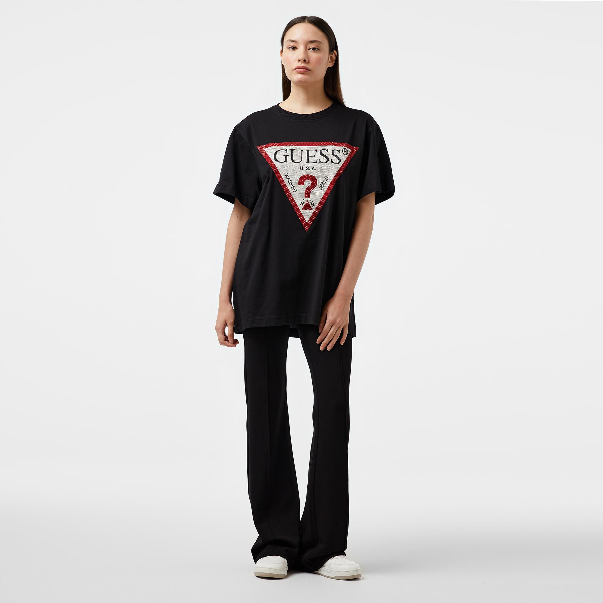 Guess Shiny Triangle Mid Organic Stream Jersey 180 Kadın Siyah T-Shirt