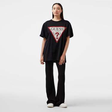  Guess Shiny Triangle Mid Organic Stream Jersey 180 Kadın Siyah T-Shirt