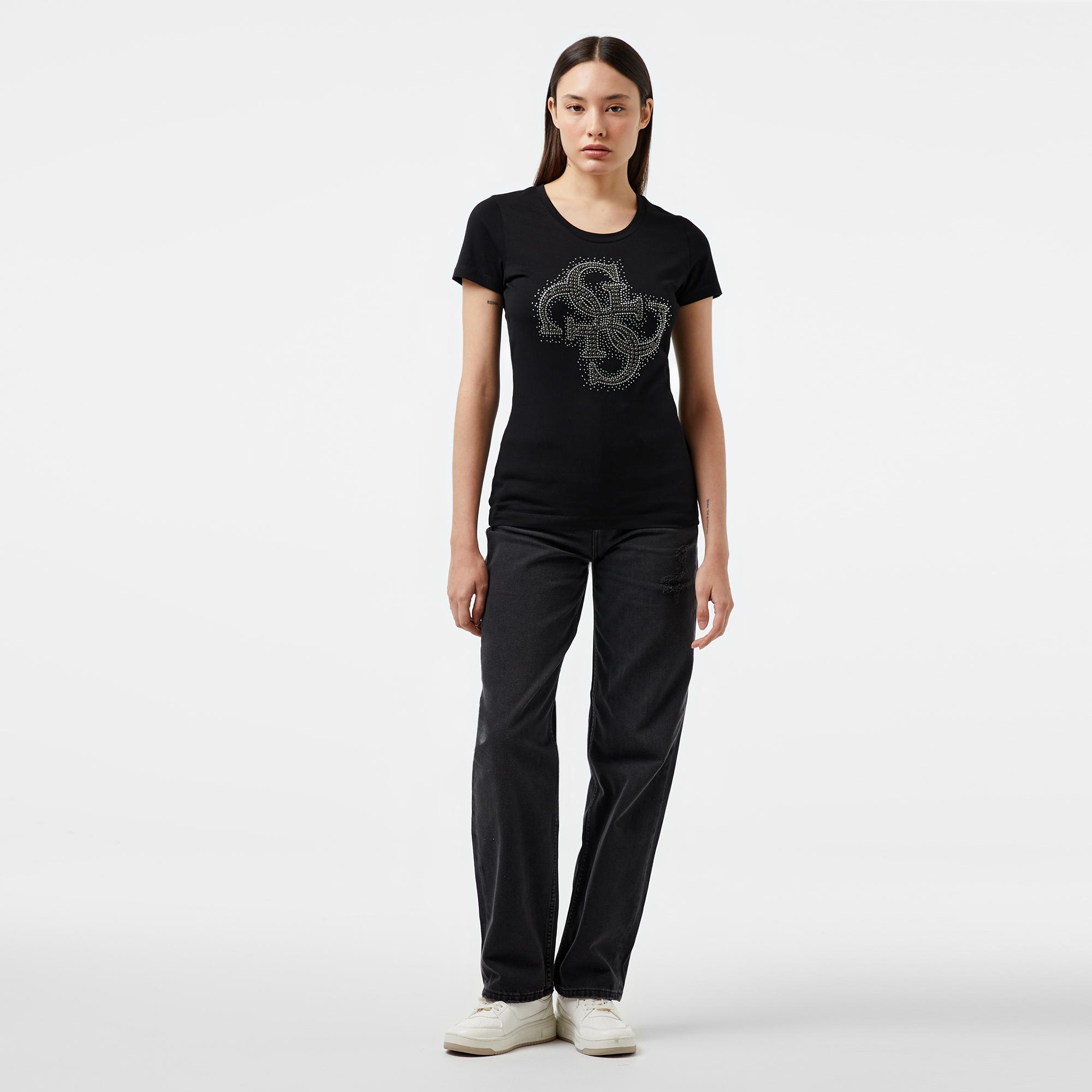 Guess Rn 4Logo Mid Organic Stretch Jersey 180 Kadın Siyah T-Shirt