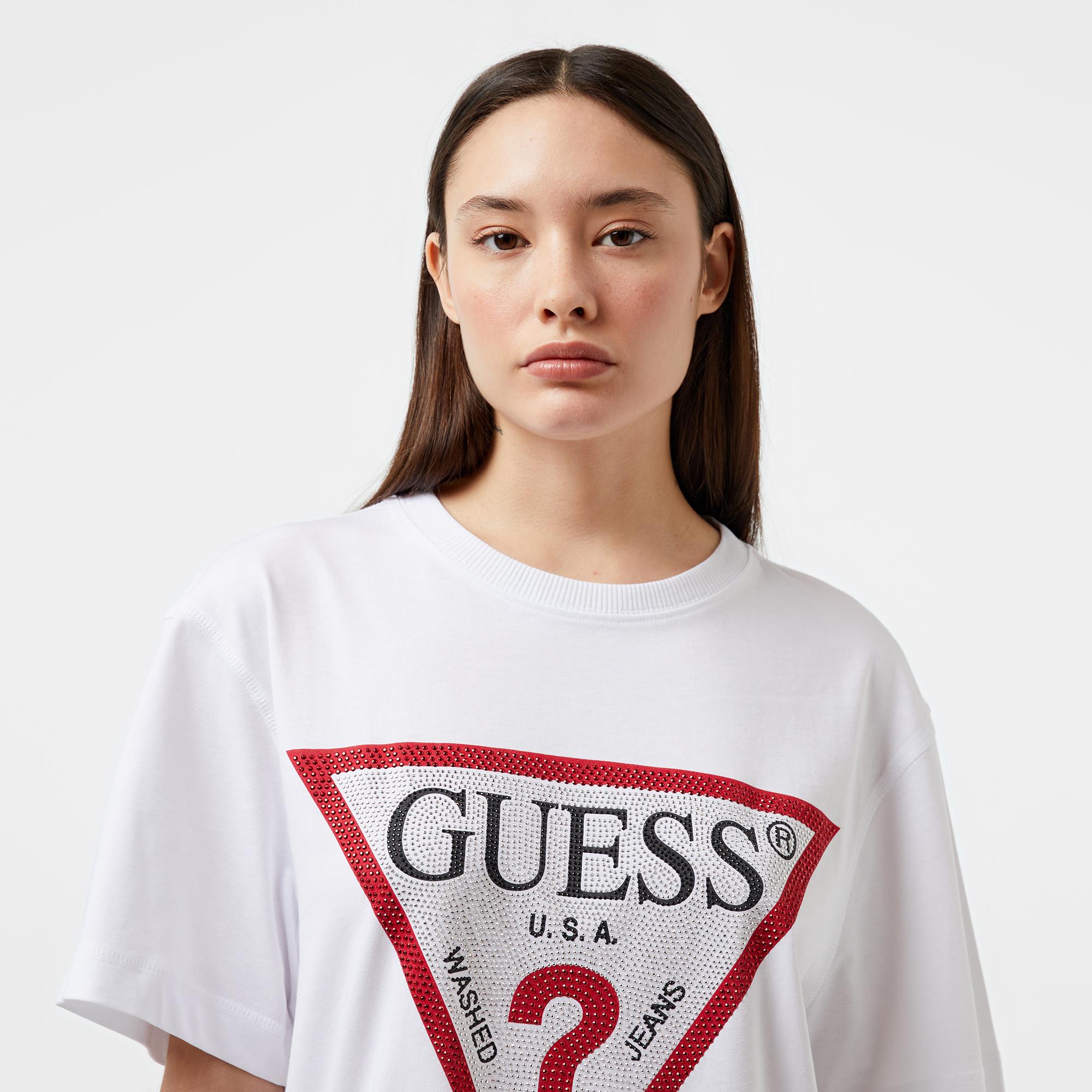 Guess Shiny Triangle Mid Organic Stream Jersey 180 Kadın Beyaz T-Shirt