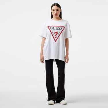  Guess Shiny Triangle Mid Organic Stream Jersey 180 Kadın Beyaz T-Shirt