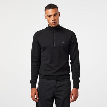  Erkek Regular Fit Yarım Fermuarlı Siyah Triko