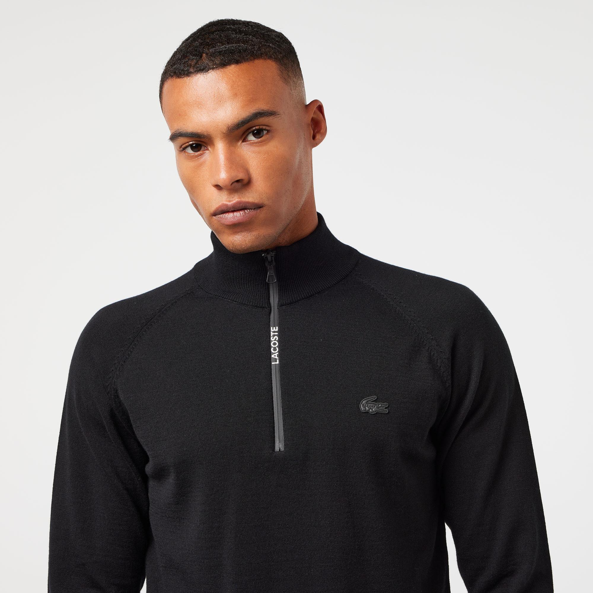 Erkek Regular Fit Yarım Fermuarlı Siyah Triko