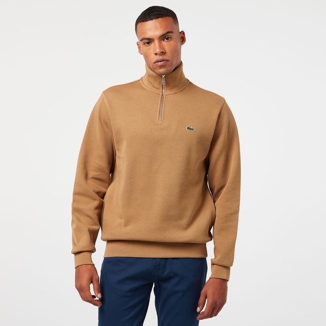  Erkek Classic Fit Yarım Fermuarlı Kahverengi Sweatshirt