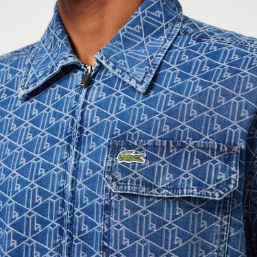  Erkek Relaxed Fit Fermuarlı Monogram Mavi Gömlek Ceket