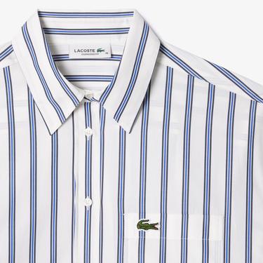 Lacoste Kadın Oversize Çizgili Beyaz Gömlek