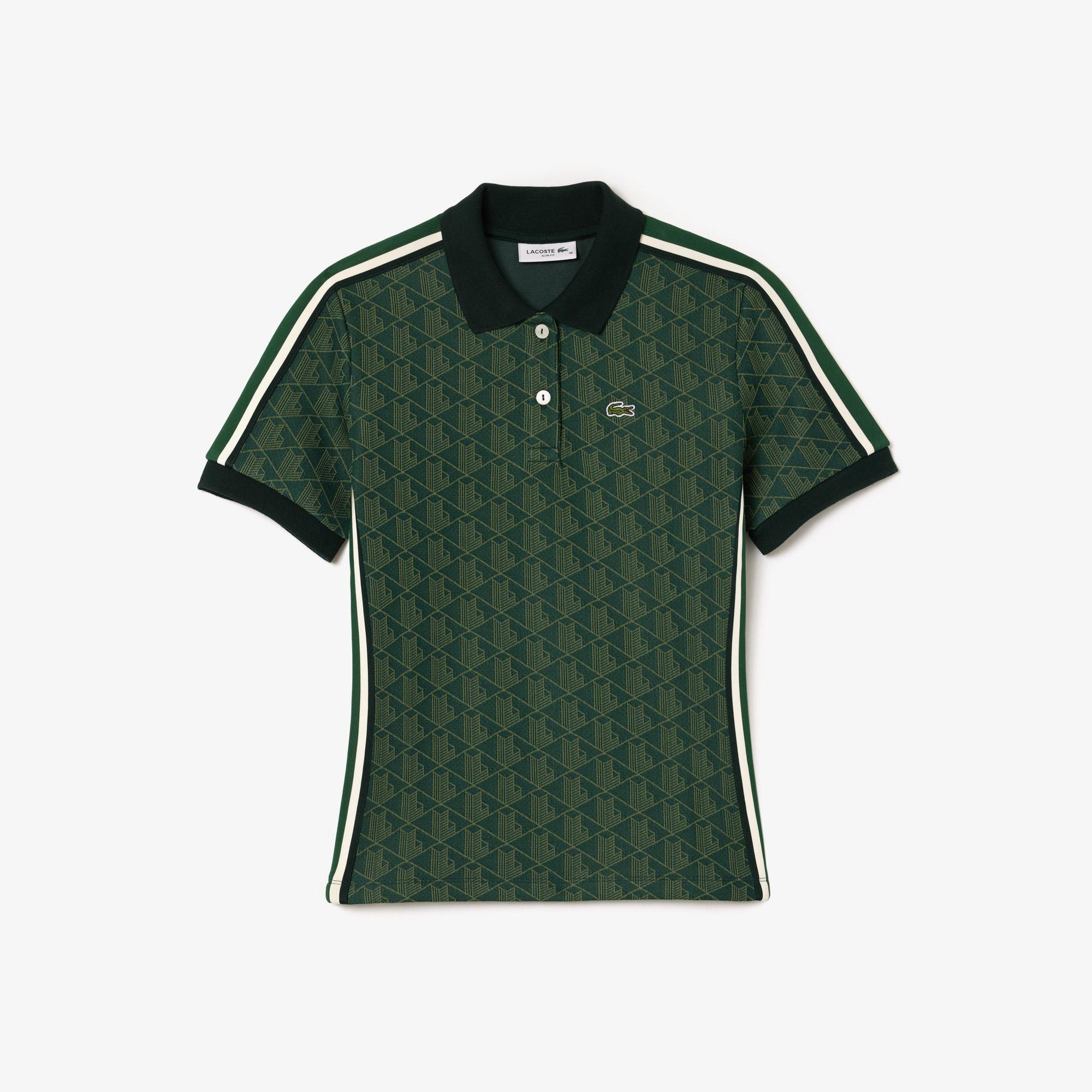 Kadın Slim Fit Monogram Koyu Yeşil Polo