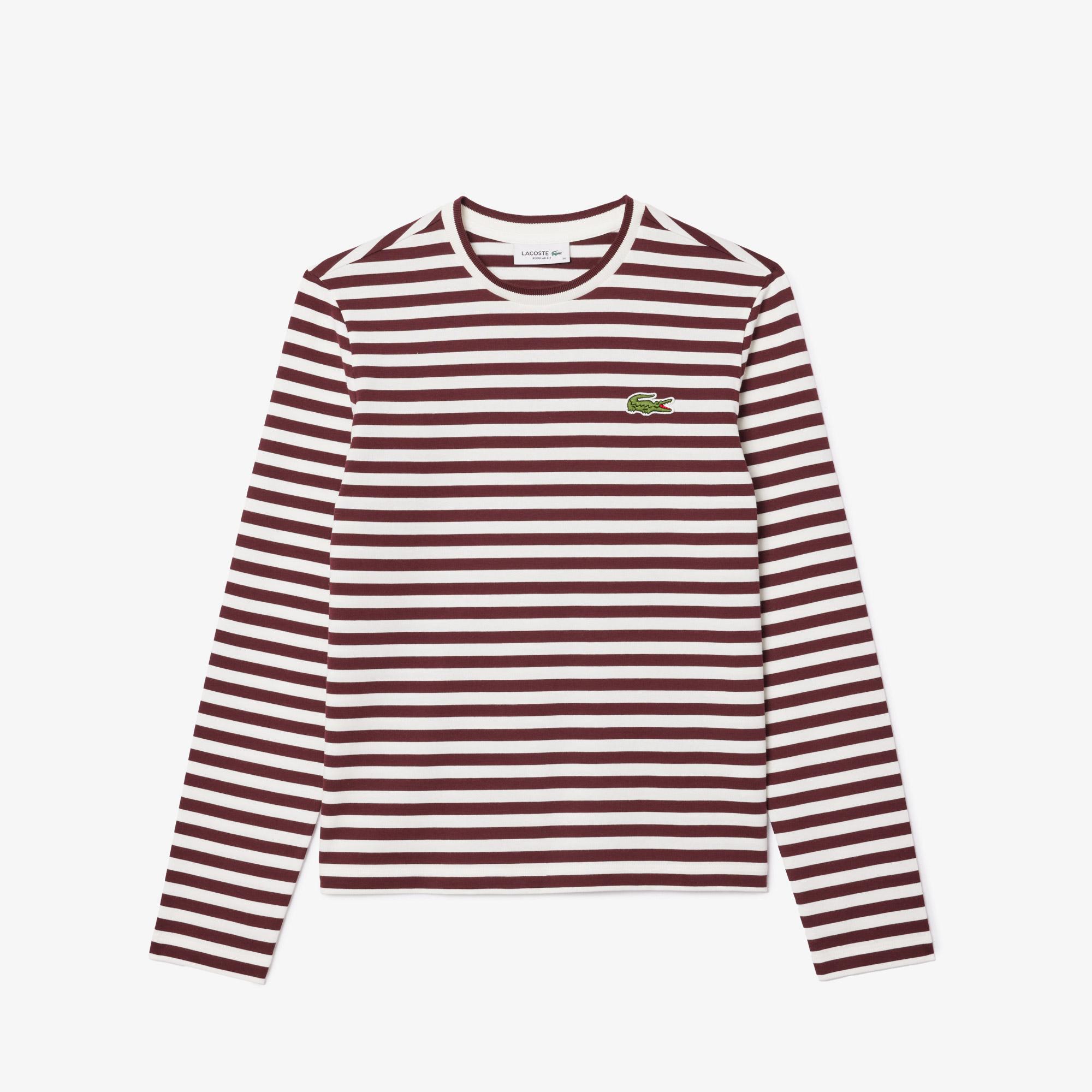 Kadın Regular Fit Uzun Kollu Bisiklet Yaka Çizgili Bordo T-Shirt