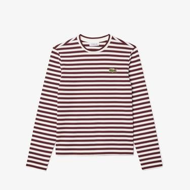  Kadın Regular Fit Uzun Kollu Bisiklet Yaka Çizgili Bordo T-Shirt