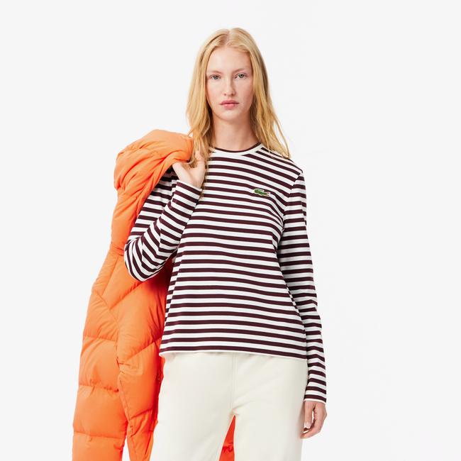  Kadın Regular Fit Uzun Kollu Bisiklet Yaka Çizgili Bordo T-Shirt