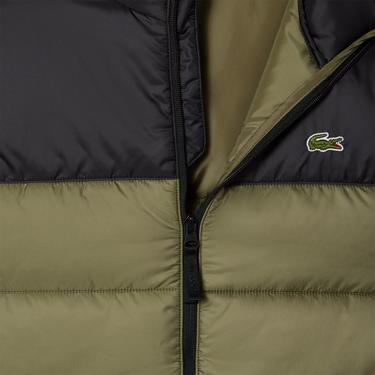  Erkek Kapüşonlu Renk Bloklu Haki Şişme Yelek