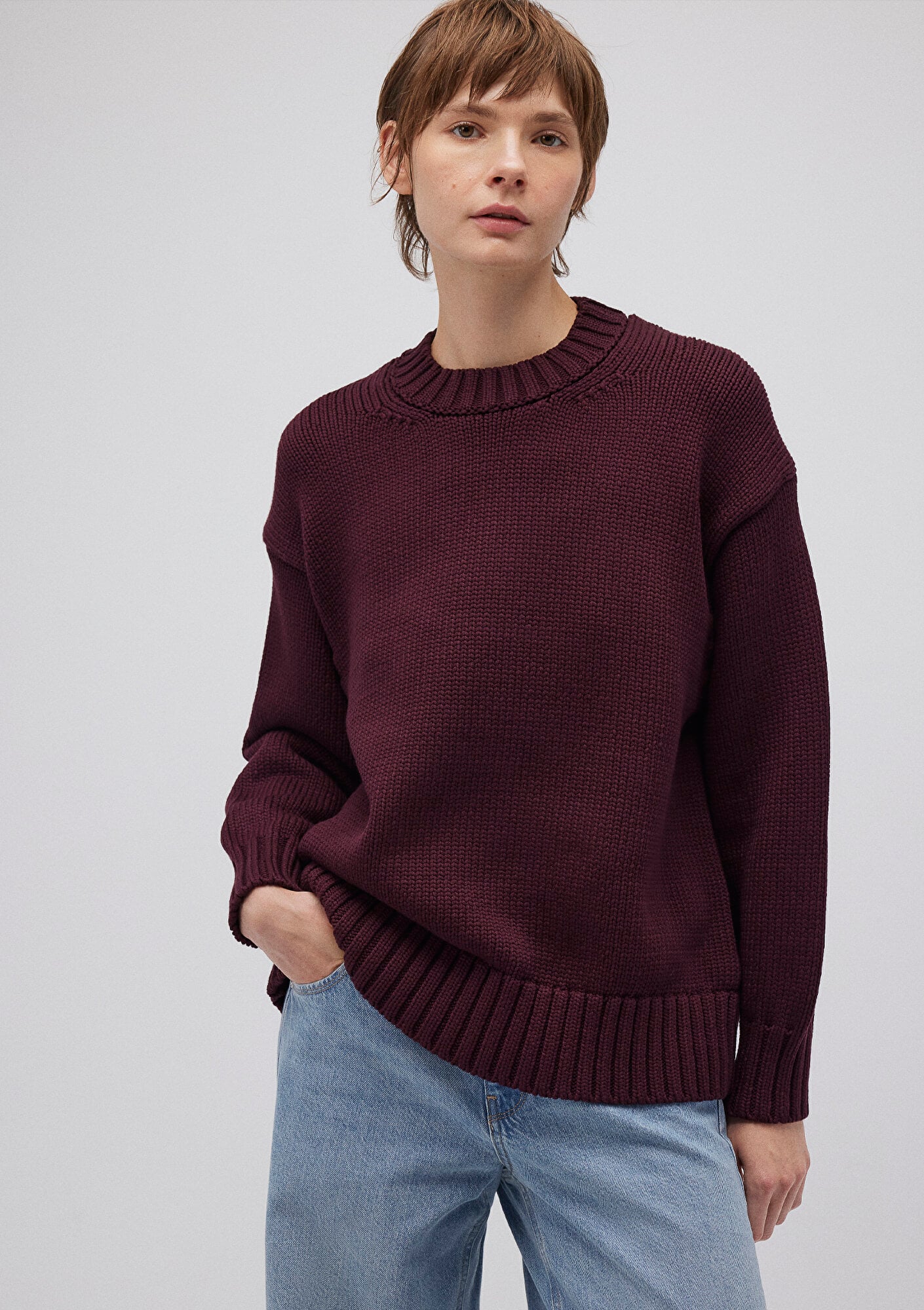  Mavi Bisiklet Yaka Bordo Kazak Oversize / Geniş Kesim 1710516-70434