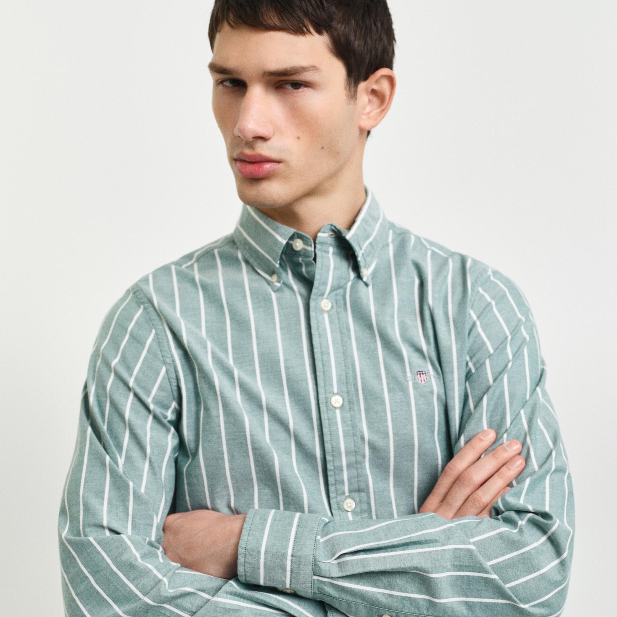 GANT Erkek Yeşil Slim Fit Düğmeli Yaka Çizgili Oxford Gömlek