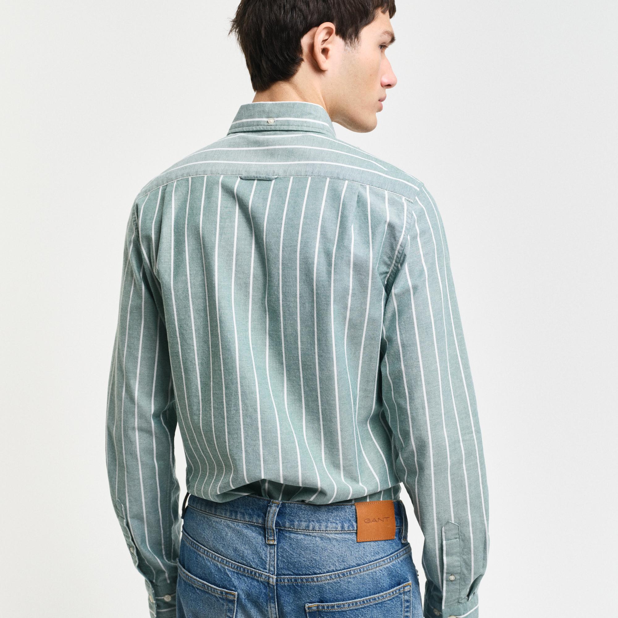 GANT Erkek Yeşil Slim Fit Düğmeli Yaka Çizgili Oxford Gömlek