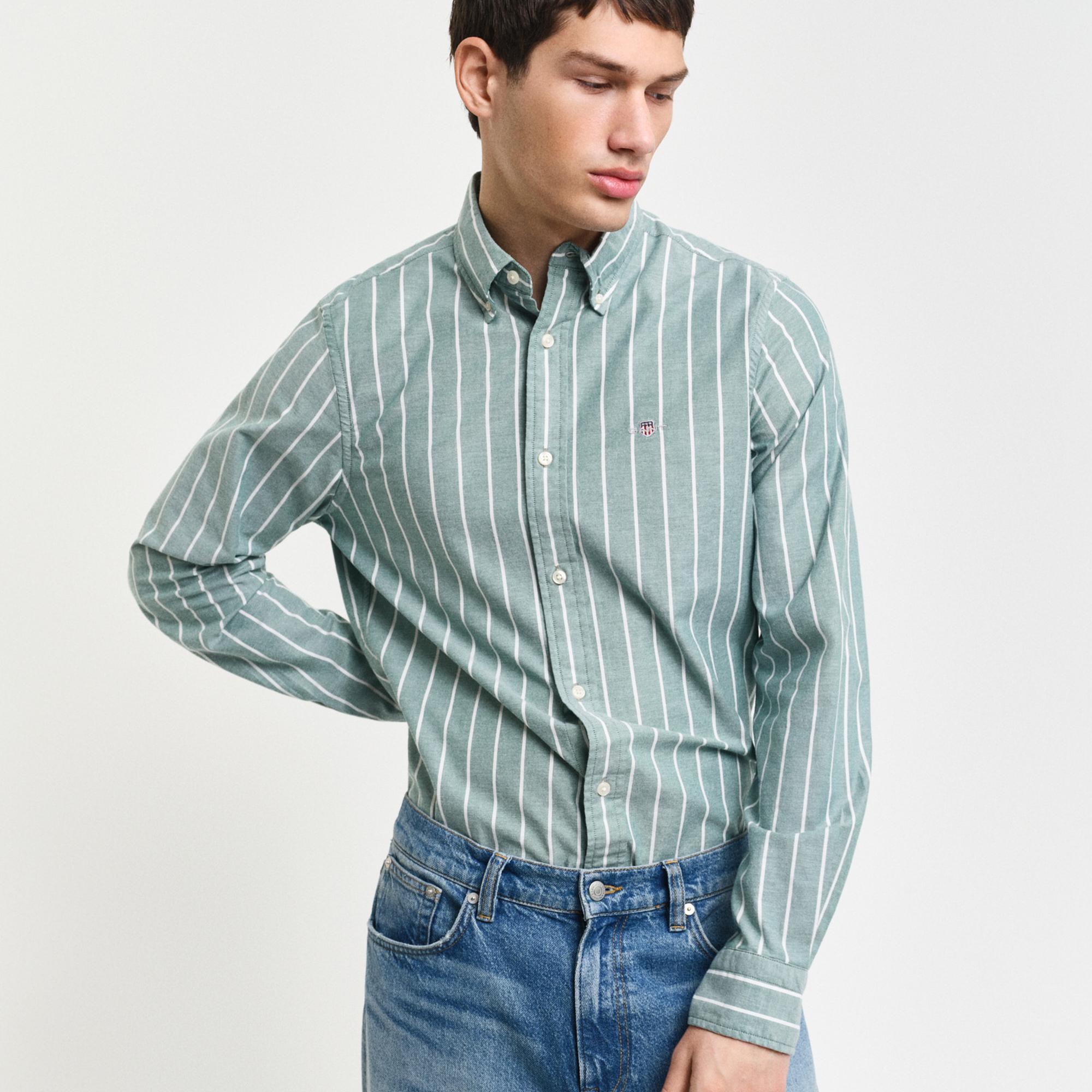 GANT Erkek Yeşil Slim Fit Düğmeli Yaka Çizgili Oxford Gömlek