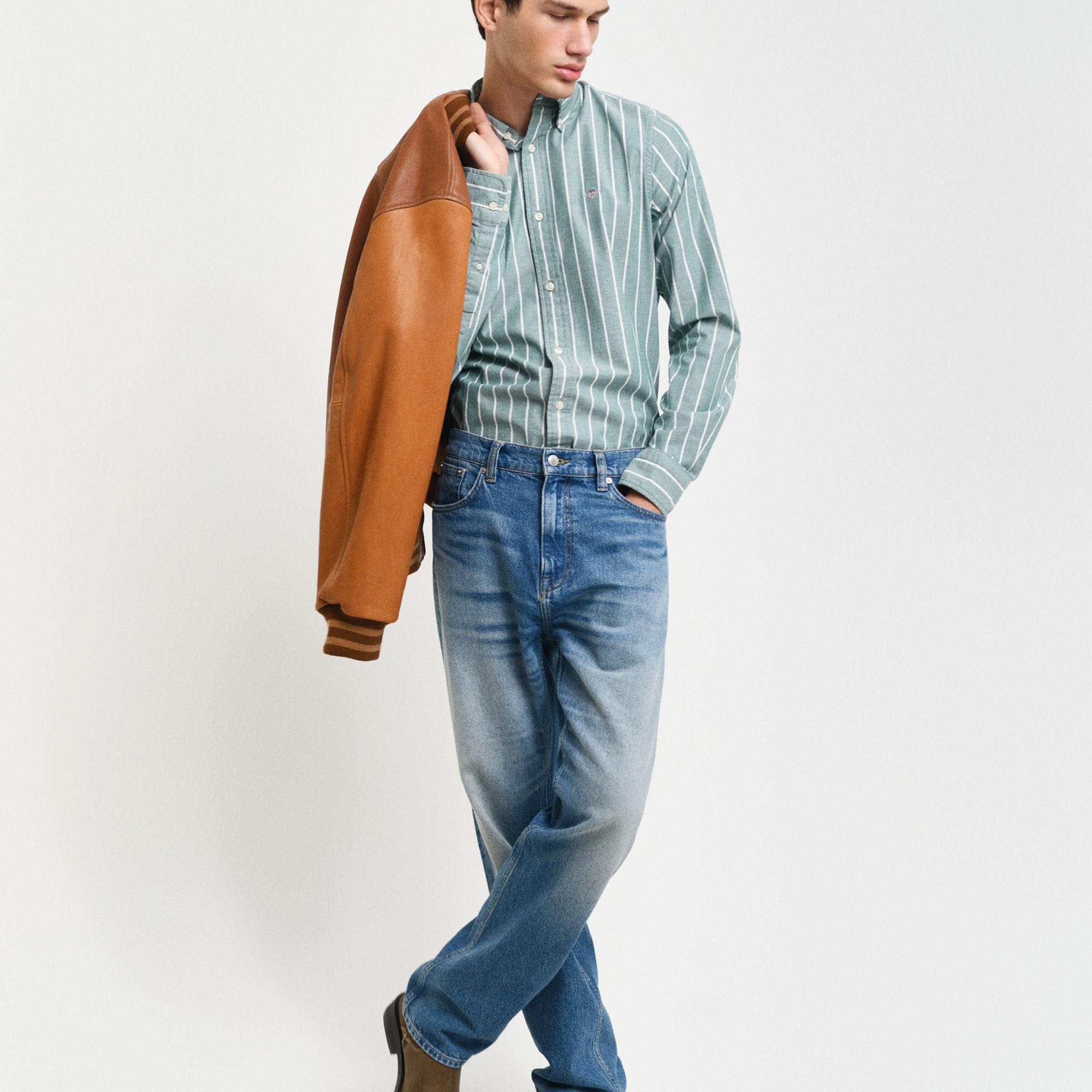 GANT Erkek Yeşil Slim Fit Düğmeli Yaka Çizgili Oxford Gömlek