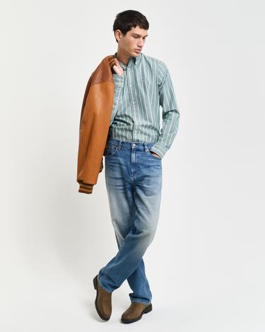  GANT Erkek Yeşil Slim Fit Düğmeli Yaka Çizgili Oxford Gömlek