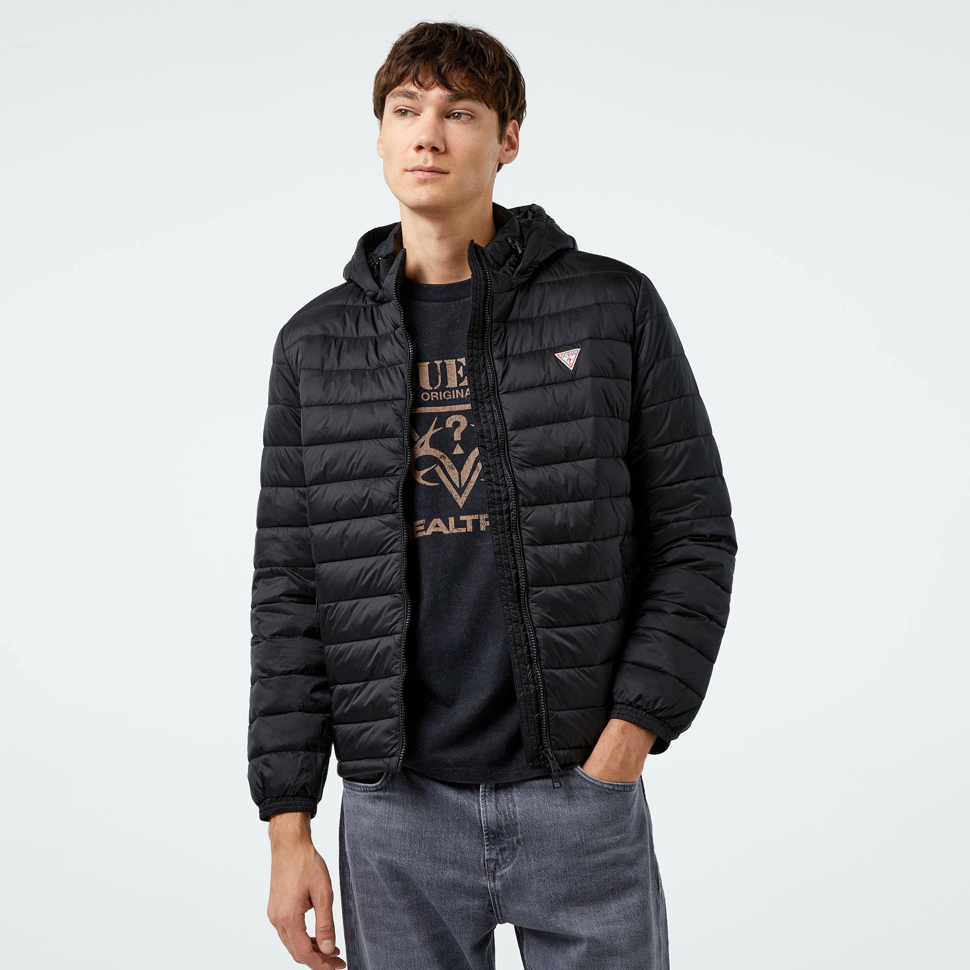 Guess Hooded Puffer Iridescent Nylon 40 Erkek Siyah Mont