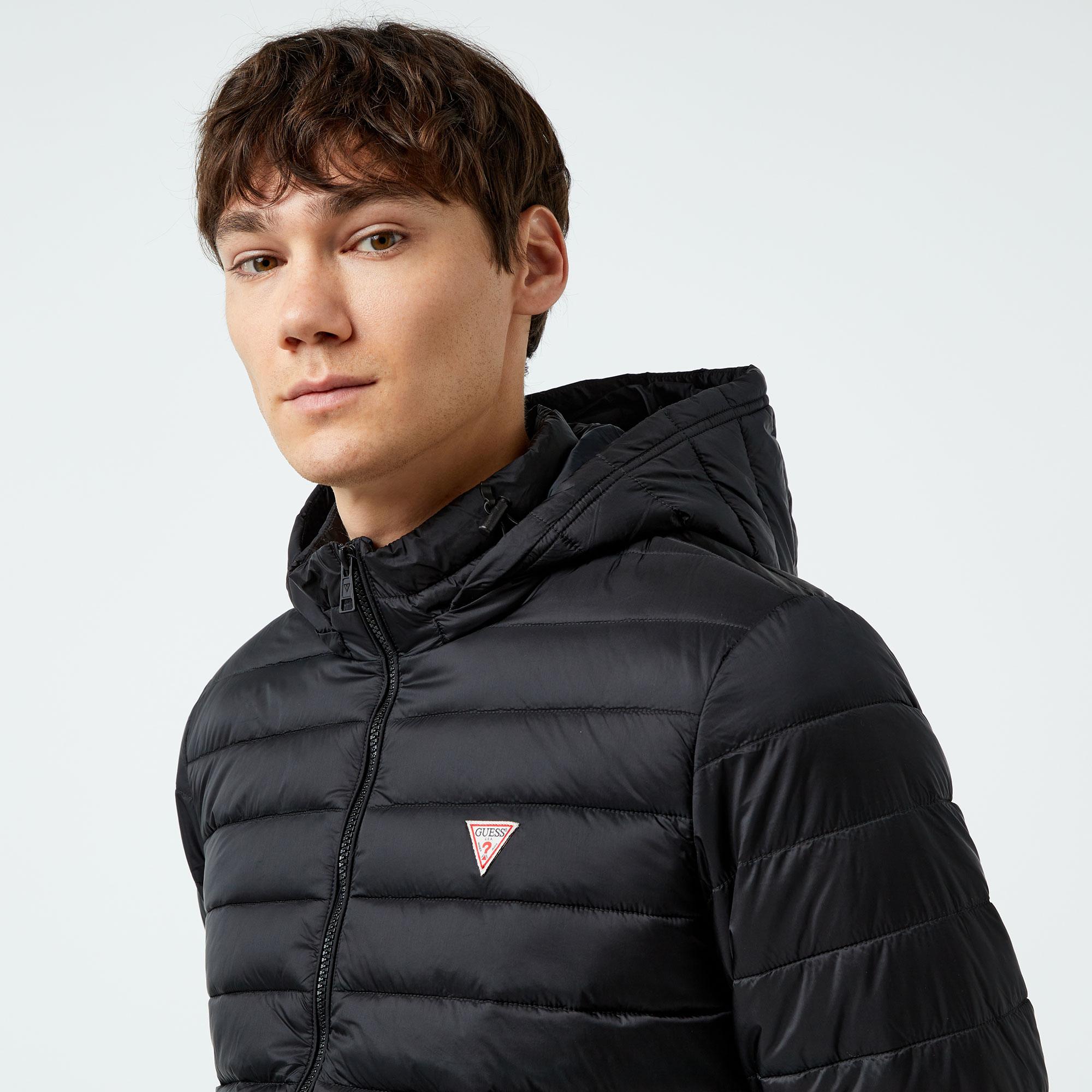 Guess Hooded Puffer Iridescent Nylon 40 Erkek Siyah Mont