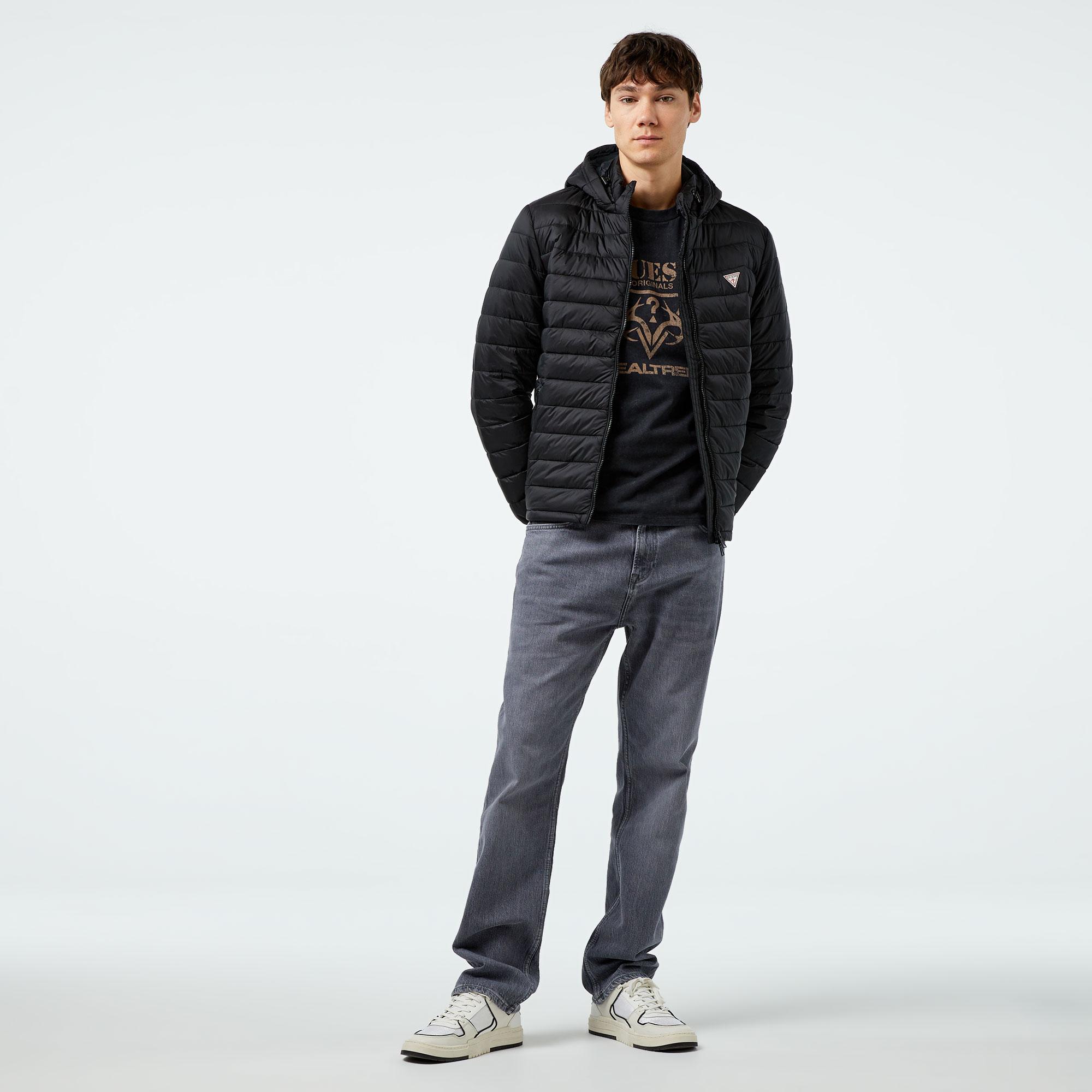 Guess Hooded Puffer Iridescent Nylon 40 Erkek Siyah Mont