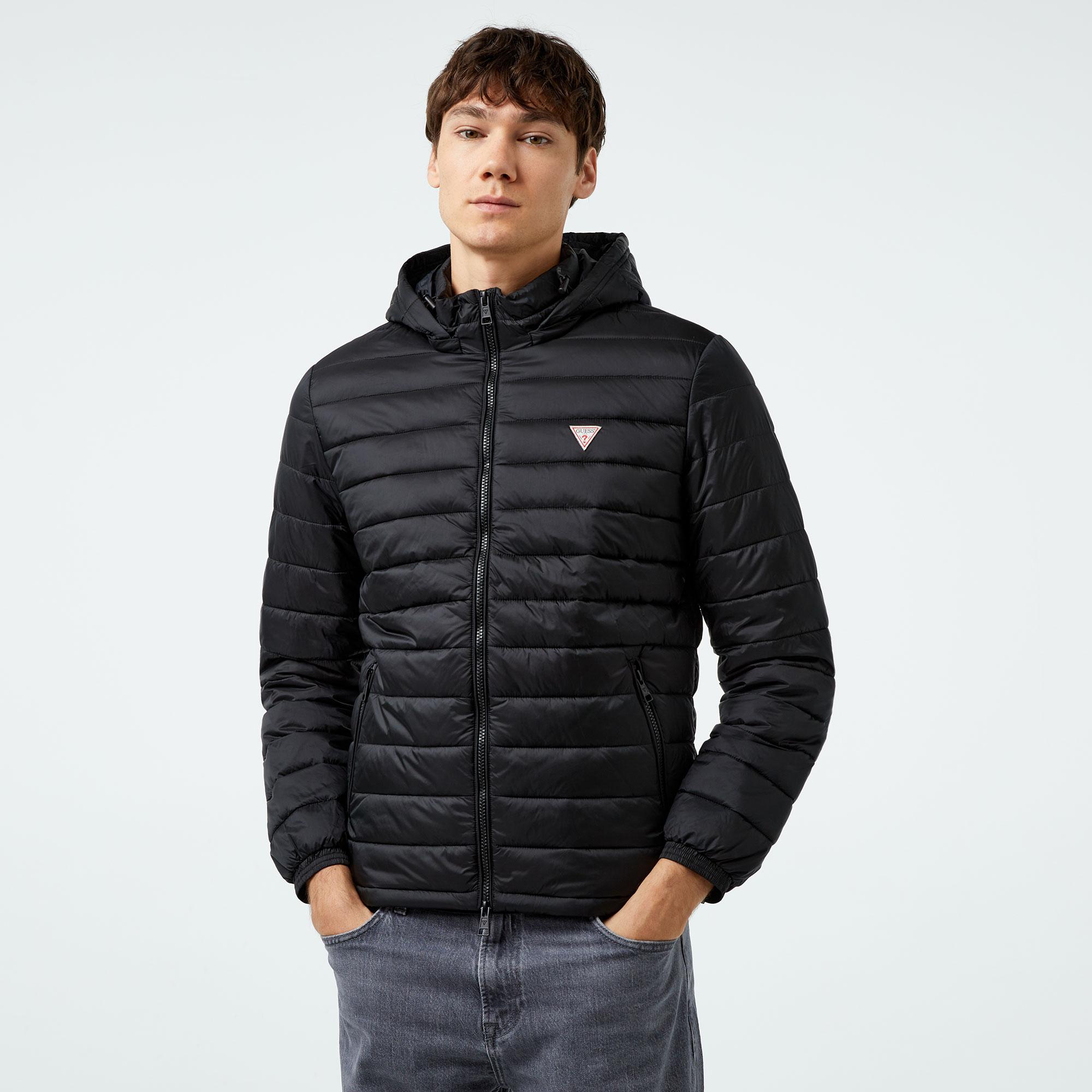 Guess Hooded Puffer Iridescent Nylon 40 Erkek Siyah Mont