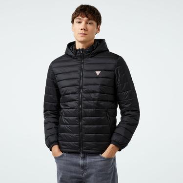  Guess Hooded Puffer Iridescent Nylon 40 Erkek Siyah Mont