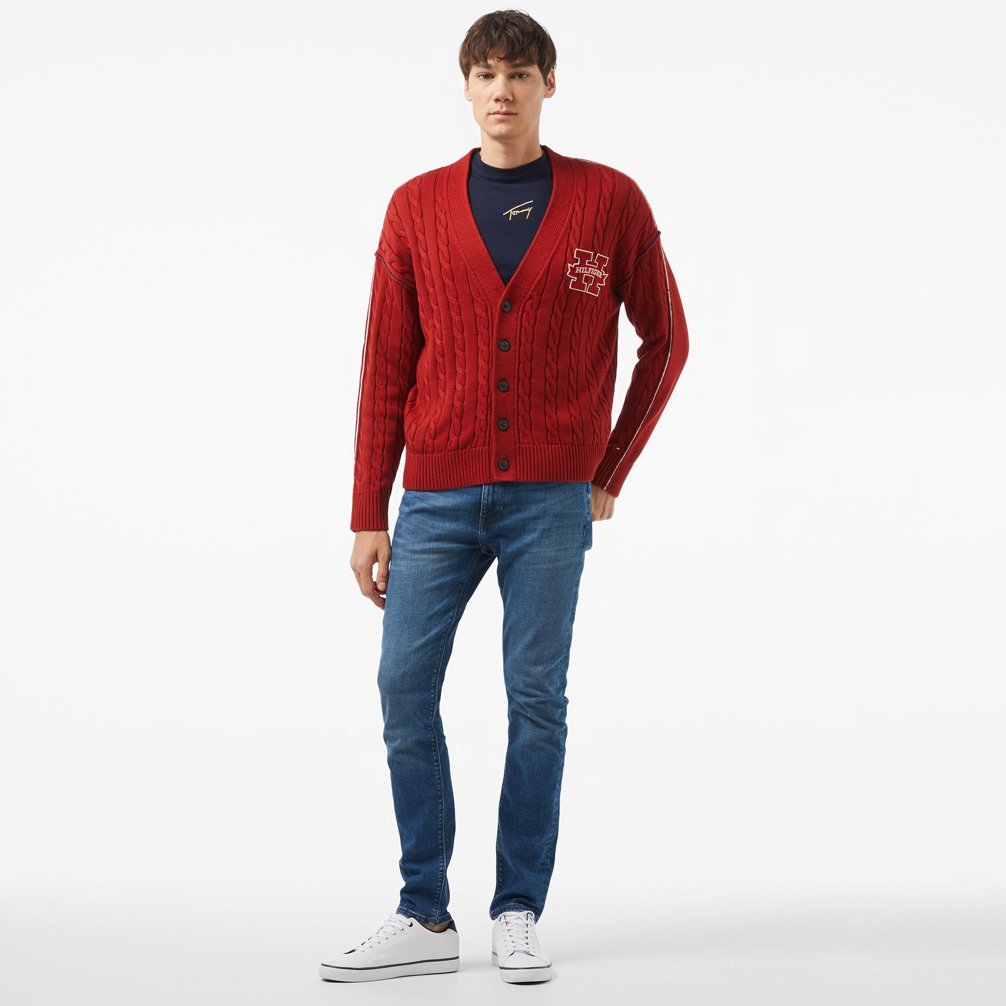 Tommy Hilfiger Contrast Cable Erkek Kırmızı Hırka