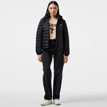  Guess Hooded Puffer Iridescent Nylon 40 Kadın Siyah Mont