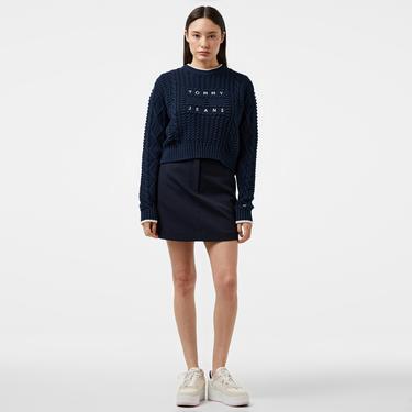  Tommy Hilfiger Jeans Bubble Cable Flag Crew Kadın Lacivert Kazak