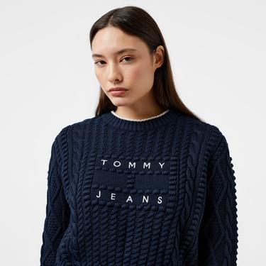  Tommy Hilfiger Jeans Bubble Cable Flag Crew Kadın Lacivert Kazak