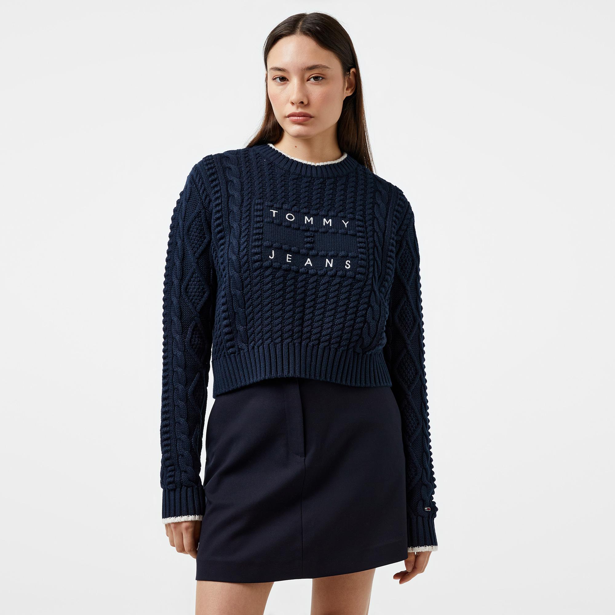 Tommy Hilfiger Jeans Bubble Cable Flag Crew Kadın Lacivert Kazak