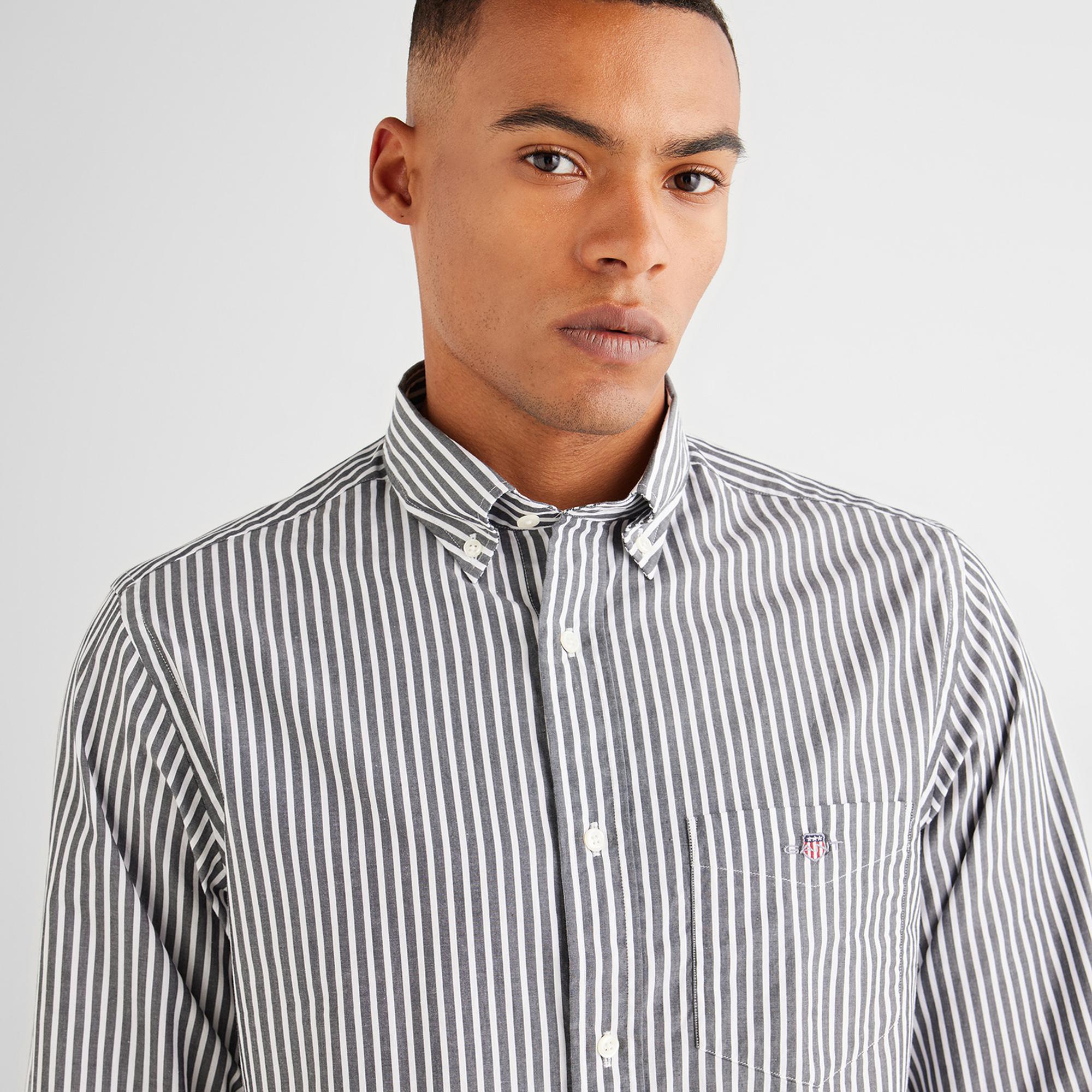 GANT Erkek Siyah Regular Fit Düğmeli Yaka Çizgili Poplin Gömlek