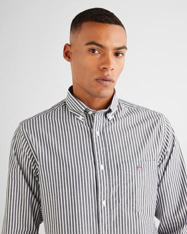  GANT Erkek Siyah Regular Fit Düğmeli Yaka Çizgili Poplin Gömlek